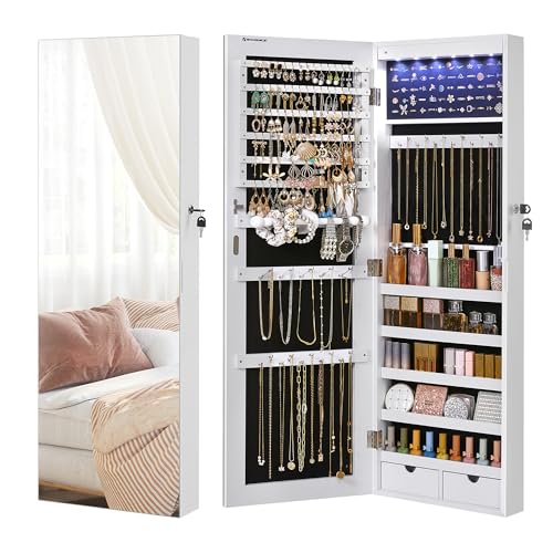 SONGMICS Armoire à Bijoux avec Miroir Long, Rangement Bijoux avec 6 Lampes LED, à Suspendre à la Porte ou à Fixer au Mur, Grande Capacité, 2 Tiroirs, Blanc JJC99WT