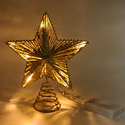 CVHOMEDECO. Gold Glittered 3D Tree Top Star with Warm White LED Lights and Timer for Christmas Tree Decoration and Holiday Seasonal Décor, 8 x 10 Inch - Thumbnail 4