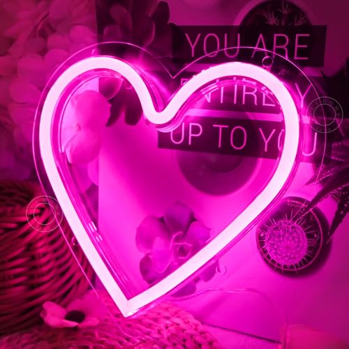 Image of SYLHOME Pink Heart Led Neon Light Sign Battery Operated or USB Powered Bedroom Wedding Wall Sign Decor Valentines Day Birthday Anniversary Sign USB 7.87 inch X 7.28 inch