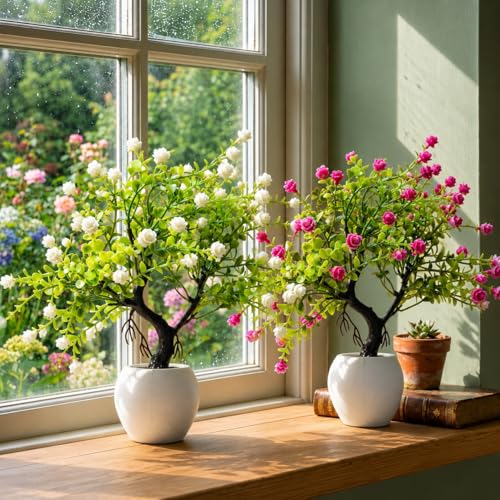 Image of Pack Of 2 , Mini Fake Flower Pot For Home Decoration Item , Artificial Flower Pot For Indoor Decor & Outdoor Decor , Office Plant Plant , Artificial Plants With Pot , Pink & White Blossom Faux Plants