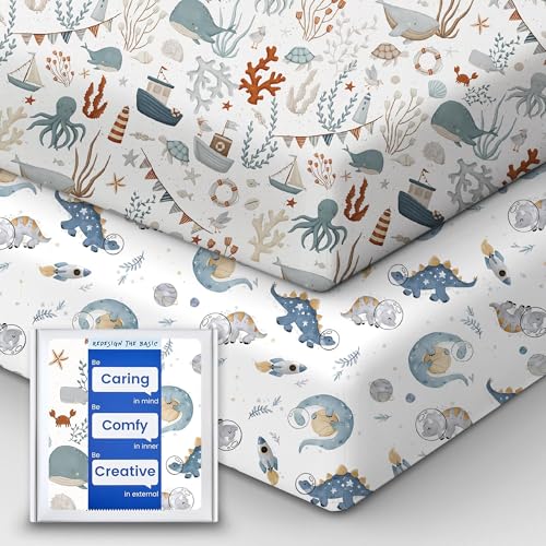 Image of TotBasic Pack and Play Sheets Fitted, Ultra Soft Mini Crib Sheets Boy, Neutral Pack N Play Mattress Sheets Hypoallergenic and Soothing, Premium Jersey Playrad Sheets, Dino Sea Animals, 2 Pack