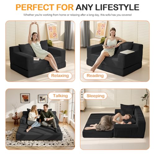 Erament Loveseat Boneless Convertible Sofa Bed, Folding Floor Futon Sleeper Sofa Couch Bed- Boneless Foldable Couch, Corduroy Pull Out Sofa Bed with 2 Pillows for Living Room & Bedroom - Image 4