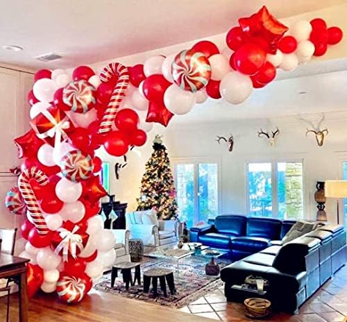 Christmas Balloon Garland Arch Kit Red White Balloons Candy Balloons Gift Box Balloons Red Star Balloons for Christmas Party Decorations