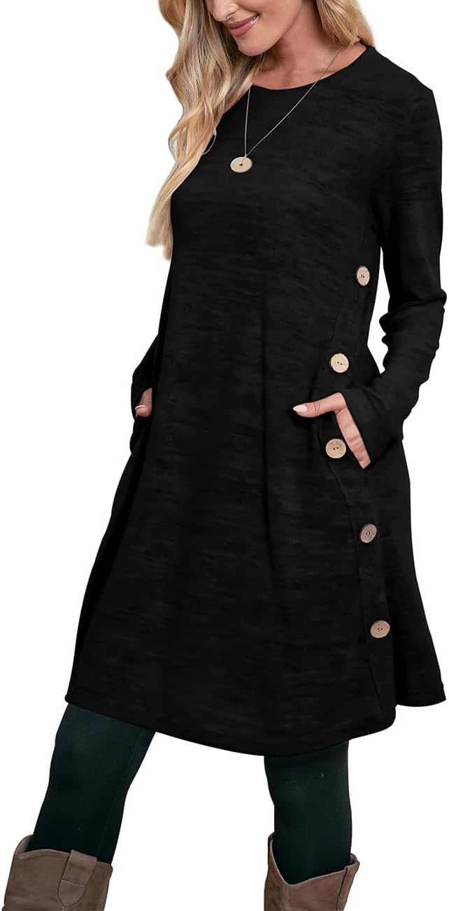 Long Sleeve Dress for Women Crew Neck Tunic Dress with Pockets Buttons Side