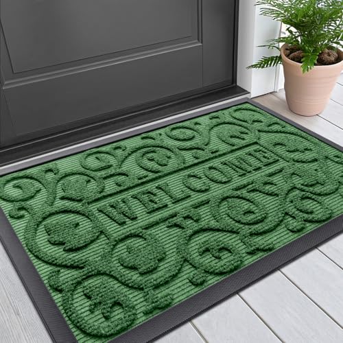 Image of Smiry Welcome Door Mat Outside Entrance, Heavy Duty Trap Dirt and Moisture Easy Clean Low Profile Patio Porch Indoor Outdoor Front Doormat for Entry, 29.5x17 Inch, Green