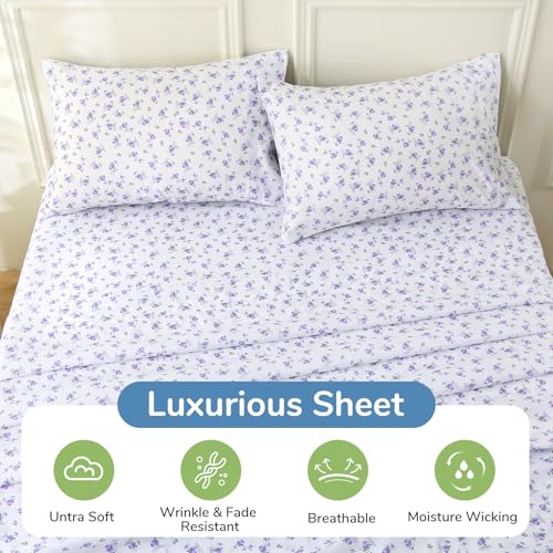 Image of MUXHOMO King Size 4 Piece Sheet Set, Soft & Breathable Sheet for Bedroom with Deep Pocket Up to 16 inch, Wrinkle-Free & Cooling Bed Sheets with Flat Sheet, Fitted Sheet & Pillowcases - Lavender Sprig