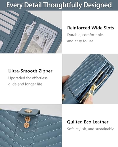 Image of Blue Women's Trifold Wallet,Large Capacity RFID Long Wallet | 16 Card Slots,2 ID Windows,4 Bill Compartments,Vegan Leather,Double Zipper Pockets,Large Capacity Organizer