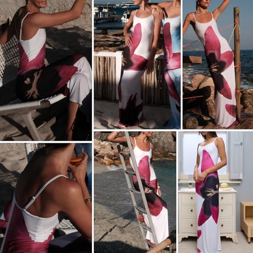Image of Womens Summer Casual Floral Dresses Spaghetti Strap Bodycon Maxi Beach Dress Elegant Evening Party Long Dresses