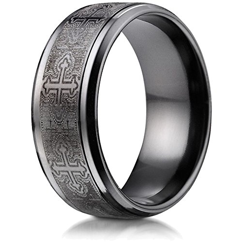 Black Titanium 9mm Comfort-Fit Cathedral Cross Design Wedding Band/Ring