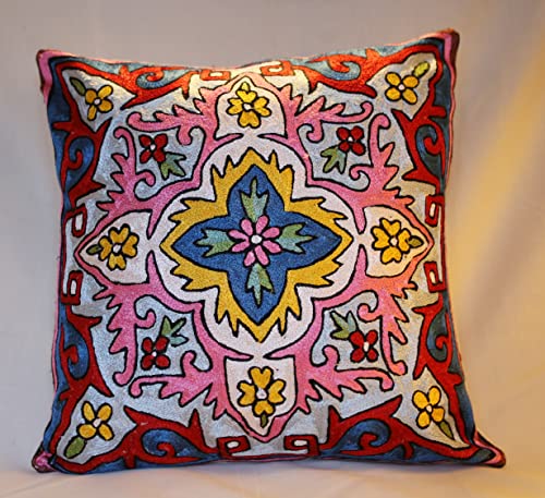 Fundas de cojín hechas a mano en Cachemira | 2 piezas | 45 cm x 45 cm | seda bordada | base de algodón (azul rosa #1)