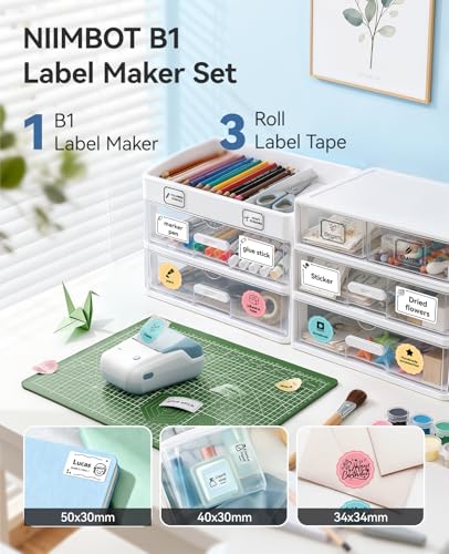 Image of NIIMBOT B1 Label Maker Machine with 3 Tapes, 50x30mm White /40x30mm Clear /34x34mm Round, Bluetooth Thermal Label Printer for Small Business,Office,Home,School (Light Blue, 1 Printer+3 Roll Label)