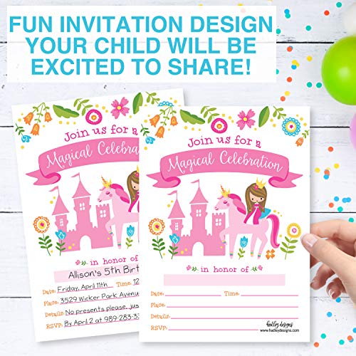 Image of Hadley Designs Kids Birthday Invitations Girl Unicorn Theme - 25 Royal Birthday Party Invitations For Girls, Princess Invites For Girls, Cute Fairytale Party Supplies, Made in USA