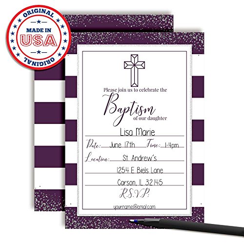 Invitaciones de bautismo para niña AmandaCreation, 20 tarjetas moradas y plateadas con sobres 3