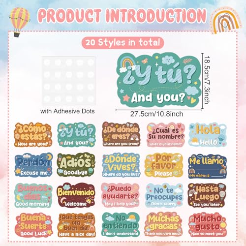 Wxiben Cartazes de decoração de sala de aula de espanhol - Conjunto de pôsteres em espanhol com 20 f