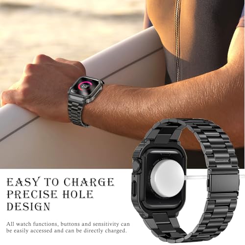Image of MioHHR Stainless Steel Band and Case Compatible with Apple Watch Band 45mm | Men Metal Protective Bumper Cover with Straps for iWatch 45mm Series 9 /8 /7, Black