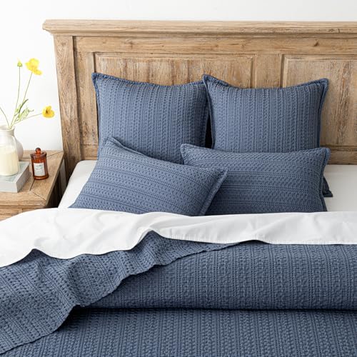Image of Foindtower Set of 2 Decorative Cotton Waffle Weave Throw Pillow Covers Euro Shams Cushion Covers Accent European Pillowcase for Bed Couch Sofa Bedroom Living Room Home Decor 20x20 Inch Blue
