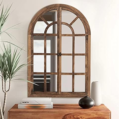 NeuType Window Mirror, Arched Wall Mirror, 36"x 24" Farmhouse Mirror, Decorative Wall Mirrors Like Window, Wood Framed Mirror Wall Decor for Living Room, Entryway, Bedroom, Charcoal Grilled Cover