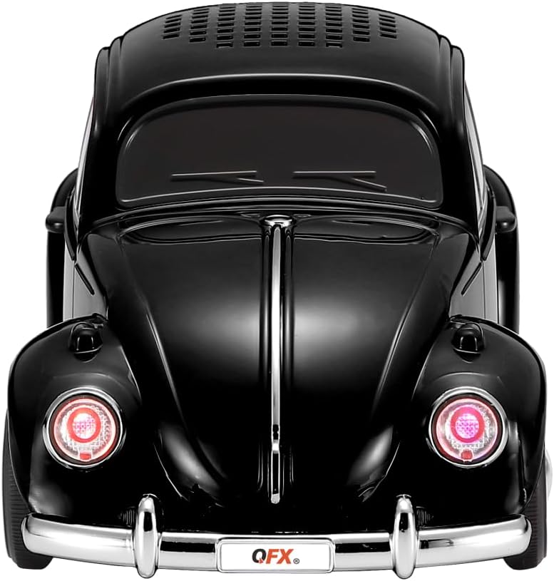 QFX Bluetooth 1960 Bug Retro Car Replica Speaker, 3-inch Speakers, Hands Free Link, Built-in Microphone, FM Radio and LED Party Lights, Black - BT-1960-BLK