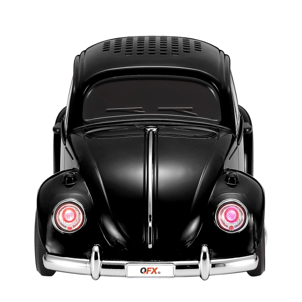 QFX Bluetooth 1960 Bug Retro Car Replica Speaker, 3-inch Speakers, Hands Free Link, Built-in Microphone, FM Radio and LED Party Lights, Black - BT-1960-BLK