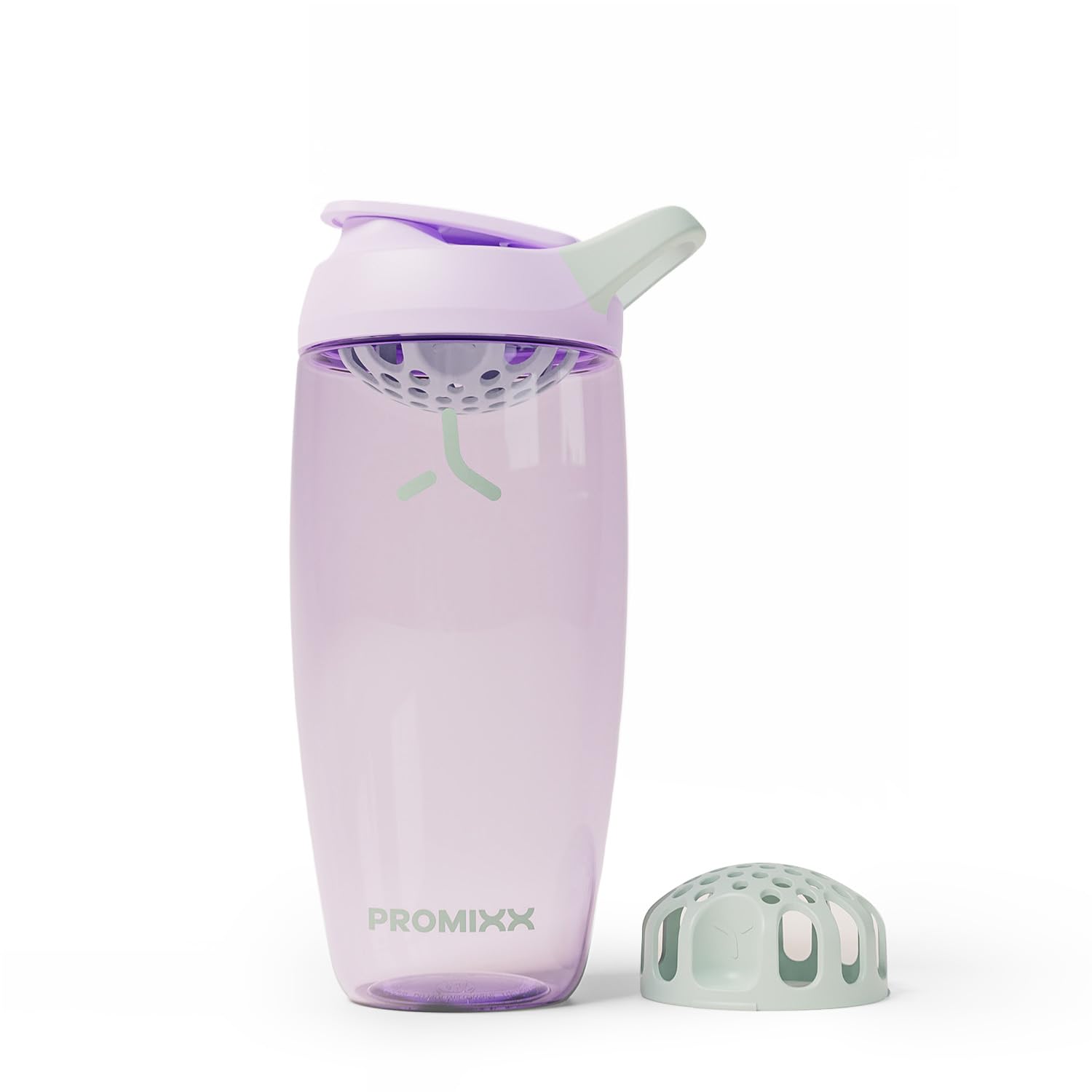 Promixx Pursuit Protein Shaker Bottle – 760ml Silent Snap-Fit Mixer for Lump-Free Shakes – Leak-Proof BPA-Free Ecozen Gym Shaker with Measurement Marks for Fitness and Travel – Lilac