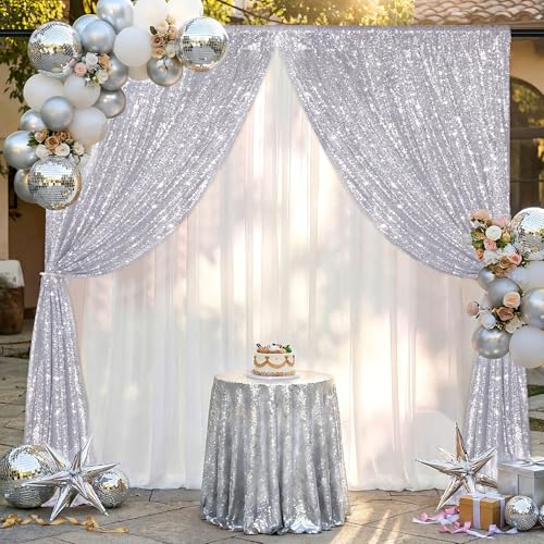 Image of Silver Sequin Backdrop Curtains-2 Panels 2FTx8FT Silver Backdrop for Valentines Day, Glitter Party Decorations Background Drapes for Wedding Birthday Anniversary Graduation Photo Booth Decor