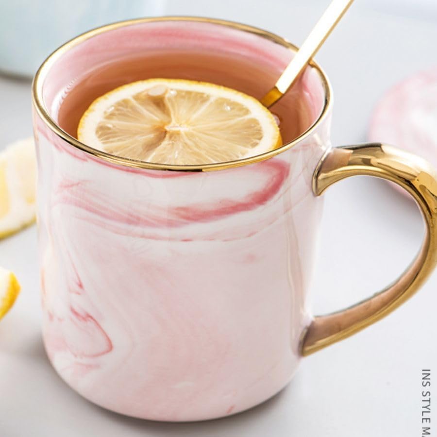 Miniatura 3 de 14Oz13.5 fl oz MARMOL PATTERN CAFÉ CERÁMICA TAZA CON MANGO ORO (Rosa)