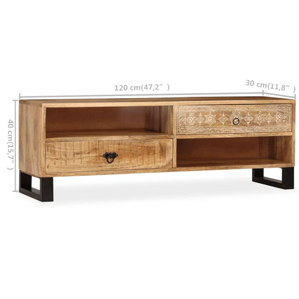 Mobile Porta TV in Legno Massello di Mango 120x30x40 cm con 2 Cassetti e Ripiani, Credenza Rettro Dipinta a Mano per Soggiorno, Mobile Hi-Fi con Gambe in Acciaio