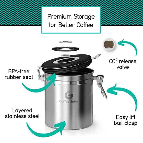 Image of Coffee Gator Coffee Canister, Airtight Stainless Steel Kitchen Food Storage Container with Date Tracker, Scoop for Sugar, Grounds Coffee, Beans,Tea, Sugar, Cereal, Flour, Cookies Jars (Orange, 22oz)