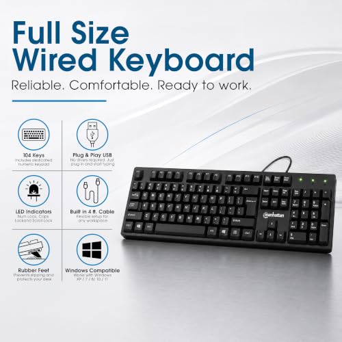 Image of Manhattan Wired Computer Keyboard - Basic Black Keyboard - with 4.5ft USB-A Cable, 104-keys, Foldable Stands - Compatible for Windows, PC, Laptop - 3 Yr Mfg Warranty - 179324