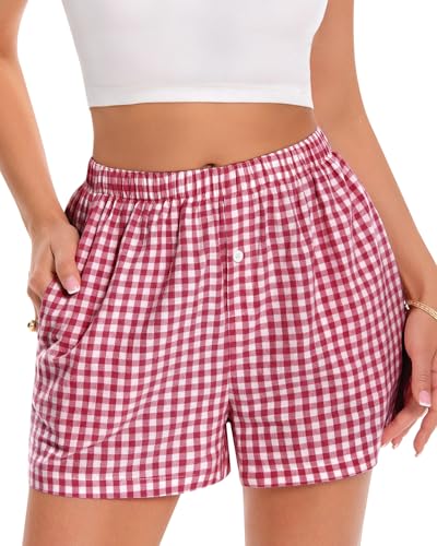 Image of Women Boxer Shorts Summer Gingham Pj Casual Plaid Bottoms with Pocket