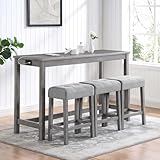 Industrial Bar Table Set with Power Outlet, 4-Piece Counter Height Dining Set with 1 Table and 3 Stools for Kitchen, Game Room (Gray)