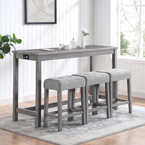 Industrial Bar Table Set with Power Outlet, 4-Piece Counter Height Dining Set with 1 Table and 3 Stools for Kitchen, Game Room (Gray)