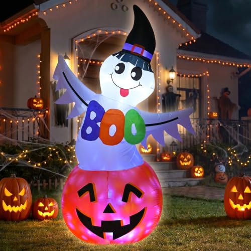 6 FT Halloween Inflatable Ghost Pumpkin with Witch Hat & Boo Sign - image 4