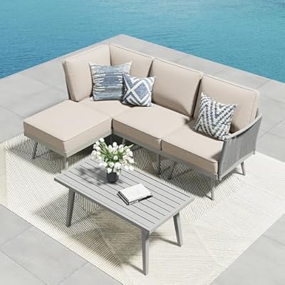 PHI VILLA 5-Piece Rope Rattan Patio Sectional Furniture Set,Modern Outdoor Conversation Set with Detachable Armrests and Grey Metal Frame,All Weather Patio Sofa with Coffee Table and Biege Cushions