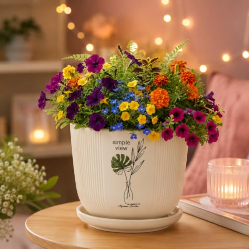 Image of Xtore Botanique Ceramic Planter with Drainage Tray | Ribbed Botanical Print Flower Pot for Balcony, Home, Study Table, Office Desk & Window Decor - (White, 1 Piece, Planter ONLY)
