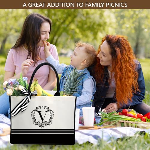 Image of Personalized Initial Canvas Tote Bags, Monogrammed Tote Bag Gifts for Women Teacher Friend for Birthday Wedding