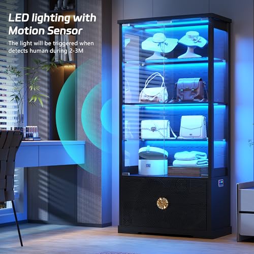 Image of TAGELIER Display Cabinet with Glass Doors and RGB LED Lights, 2 Drawers