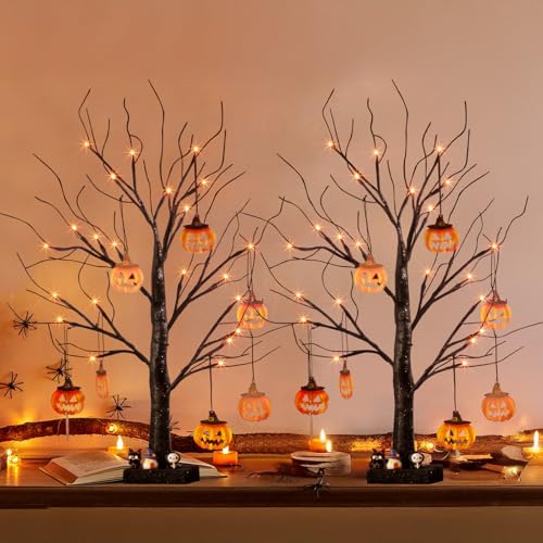 Eambrite Halloween Tree Lights with Pumpkin Ornaments, Black Twig Tree with 24 Orange LEDs Battery Operated, Light up Halloween Decorations Indoor Party Decor (60cm/2FT, Set of 2)