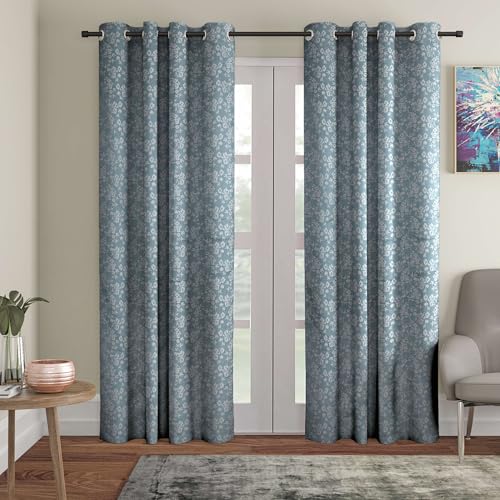 Image of STITCHNEST Floral Jacquard Door Curtain - Blue, 7 Feet, Grommet Top - Pack of 1 Elegant Curtain Panel for Living Room & Bedroom