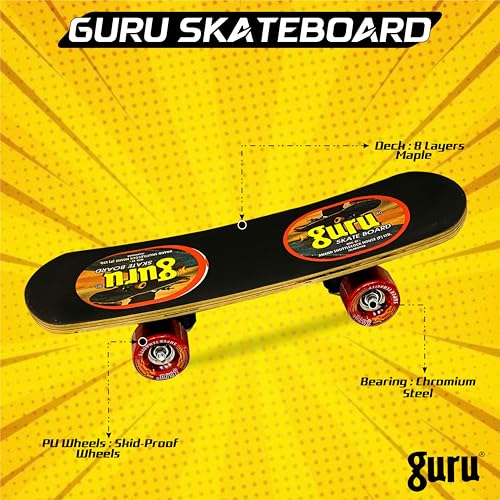 Image of GURU Skateboard, Wooden Non-Slip Skateboard for Kids, Adult, Casterboard /Skate Board /Hoverboard /Longboard for Beginners, Learners, Training Purpose for All Age Group