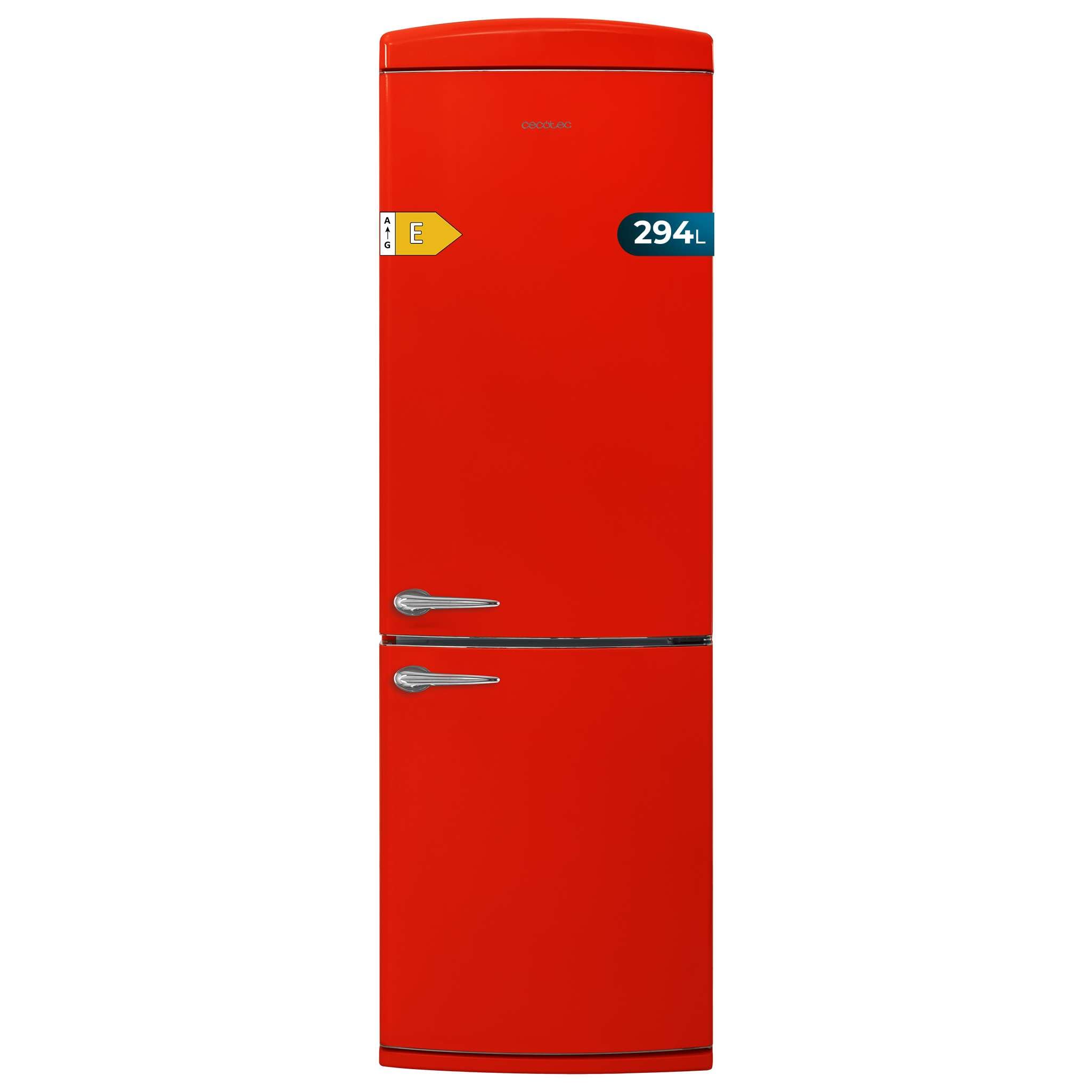 Cecotec Frigorífico Combi 2 Puertas Retro de 294L Bolero CoolMarket Combi Origin 294+ Red E. Altura 190cm y 60,5 cm de Ancho, Total No Frost, Multi Cooling, Fast Freezing, Acabado Vintage Rojo