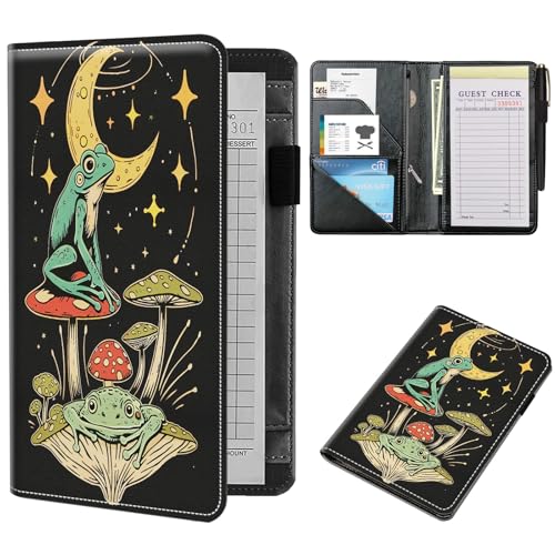 NLZQTTBD Server Books for Waitress Cute Waitress Book PU Leather Server Book with Zipper Wallet Black Serving Book Organizer Fit Server Apron,Frog Moon Mushroom