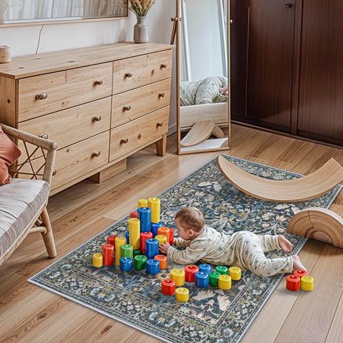 Washable 3x5 Entryway Area Rugs: Ultra Soft Low Pile Carpet for Kitchen Nursery Indoor Light-Weight Doormat Anti-Slip Thin Entry Rug for Living Room Bedroom Small Vintage Floor Mat(3x5,Floral/Blue)