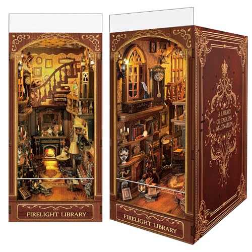 Firelight Library Book Nook, DIY Miniature House Puzzle for Magical Home Decor, 3D Bookshelf Decor for Adults, Teens, and Beginners