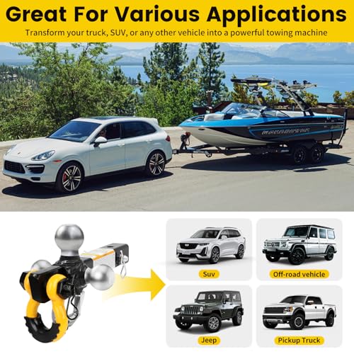 Image of MaxxHaul Tri Ball Hitch with Rotatable Tow Hook and D-Ring Shackle, Fits 2 inch Receiver, Heavy-Duty Steel, 12,000 lb Capacity, Multi Ball Mount for Towing & Recovery - (51008)