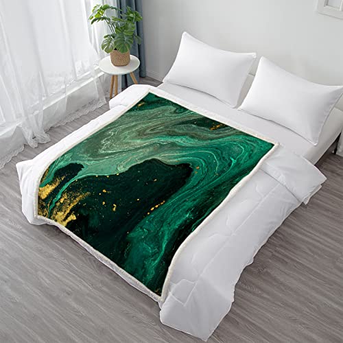 Toptree Green Marble Throw Blanket - Soft Sherpa Emerald Green Throw Blanket With Gold Powder Plush Fuzzy Green Agate Ripple Blanket For Couch, Bed, Sofa, Travel, Camping, 50" X 60" #TOP2