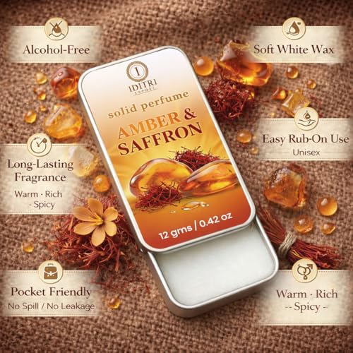 Image of Solid Perfume Amber & Saffron Gold | Green Kesar Chandan | Alcohol Free Wax Perfume Balm, Long Lasting Pocket Fragrance Tin 12g, Smooth Glide, Travel Friendly | Office Wear | Gift Ready