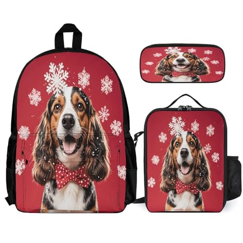 3-in-1 Backpack Combination Set Dog Head with Snowflake Print 3Pcs Backpack Sets Travel Daypack with Lunch Bag And Cosmetic Bag