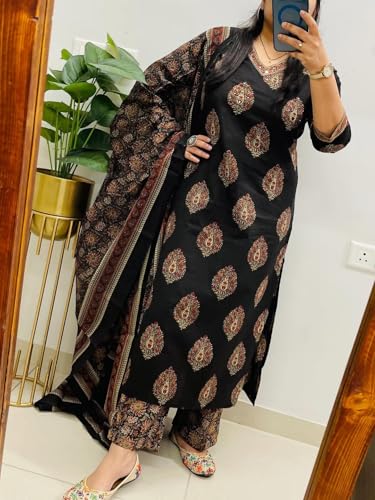 Image of Rangnavi Women's Cotton Trending Straight Kurta with Pants and Dupatta Set | Ethnic Set (BLACK)