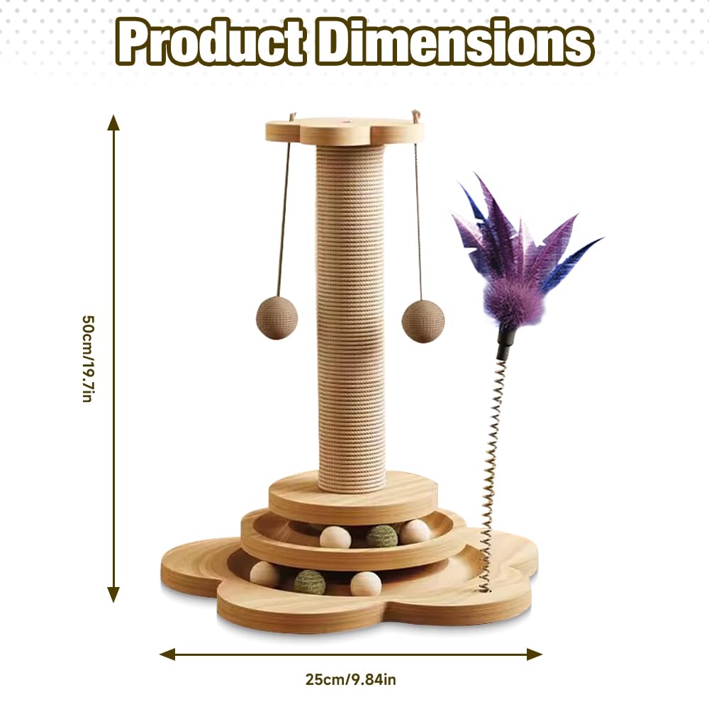 Jouet pour Chat Intérieur en Bois 4 en1,50CM Colonne De Griffe D'intérieur en Bois,Arbre à Chat avec Jouets,Arbre à Griffoir Corde en sisal avec Balle Tournante, Plumes, pour Chats